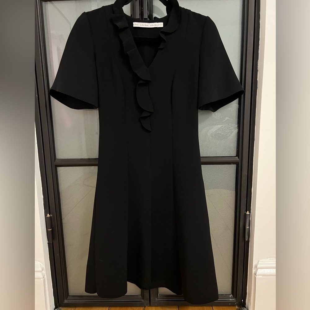 & Other Stories Ruffle V-Neckline Black Midi Dress